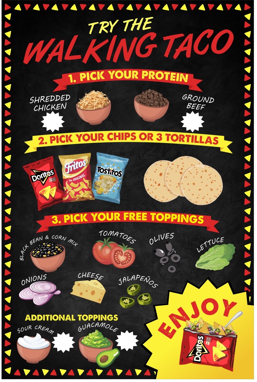 Better Call Saul's Walking Taco menu board showing the three-step ordering process